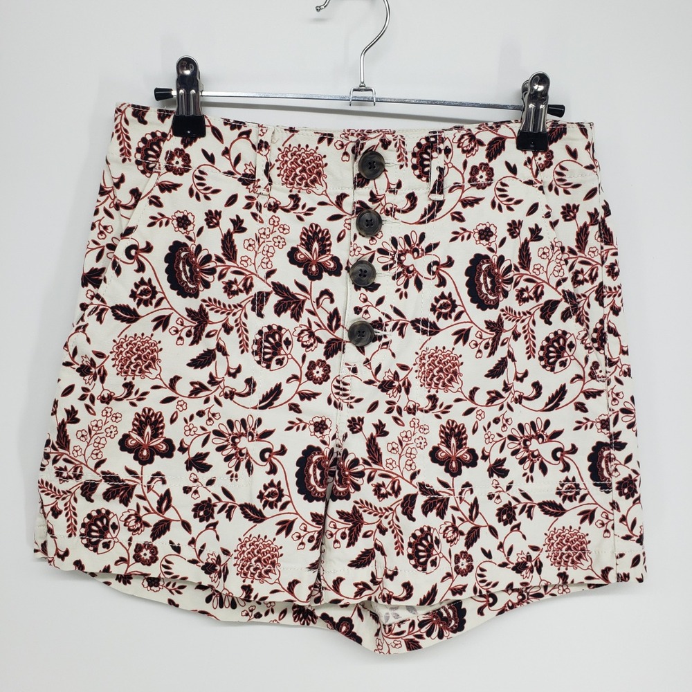 LOFT Floral High Waisted Shorts Women 00 Cream Red Button Fly Cotton Stretch